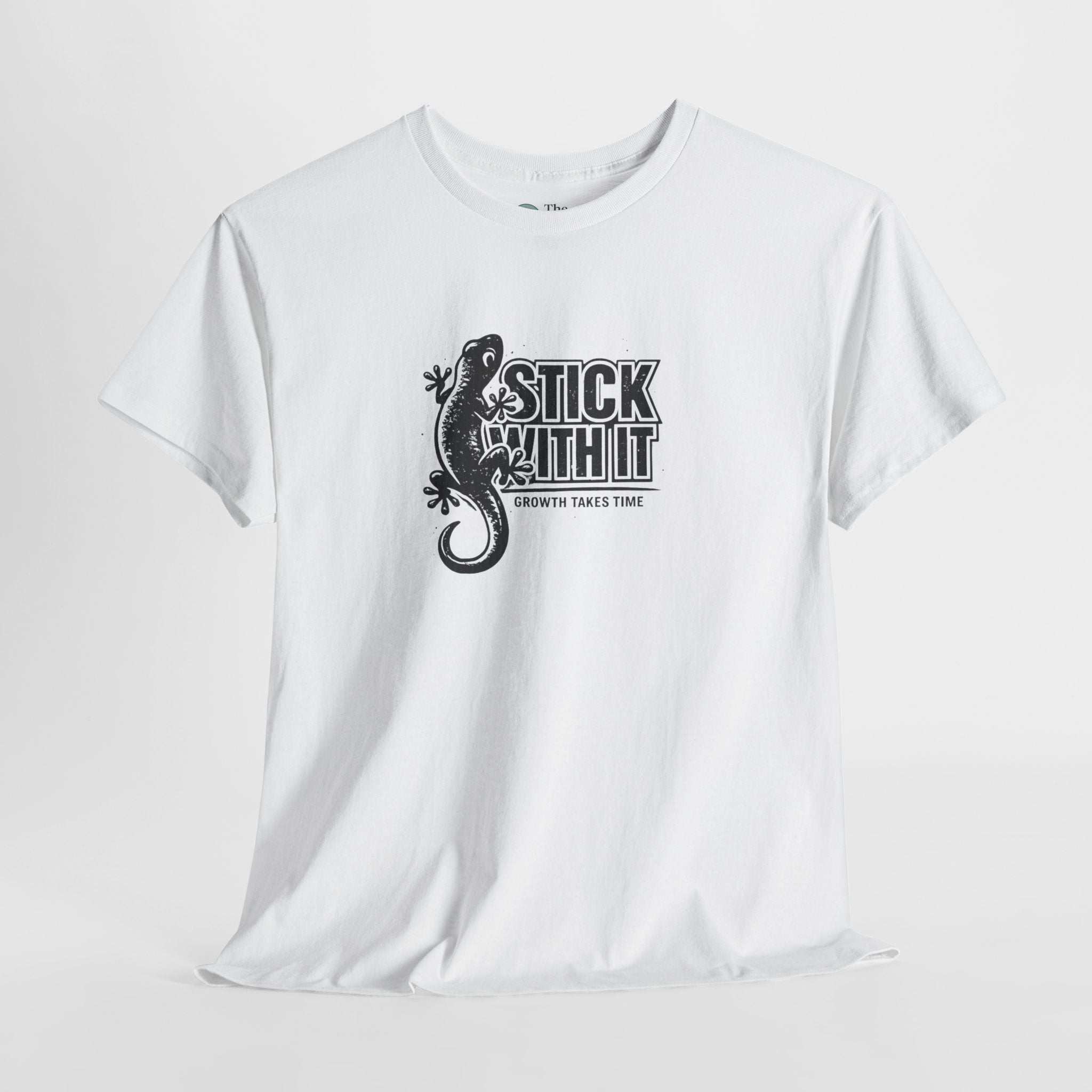 White t-shirt with black graphic and text on a white background