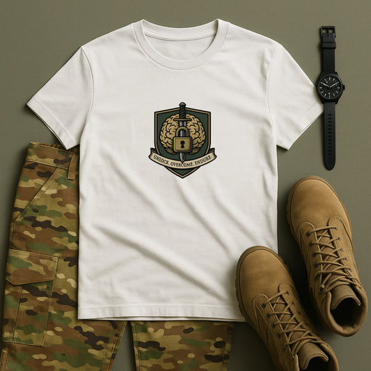Unlock Overcome Endure T-Shirt – Military Strength & Perseverance  Tee