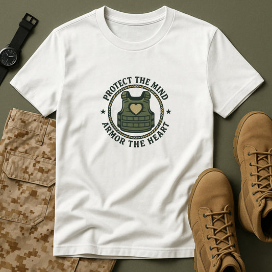 Protect the Mind, Armor the Heart T-Shirt – Military Strength & Resilience  Tee