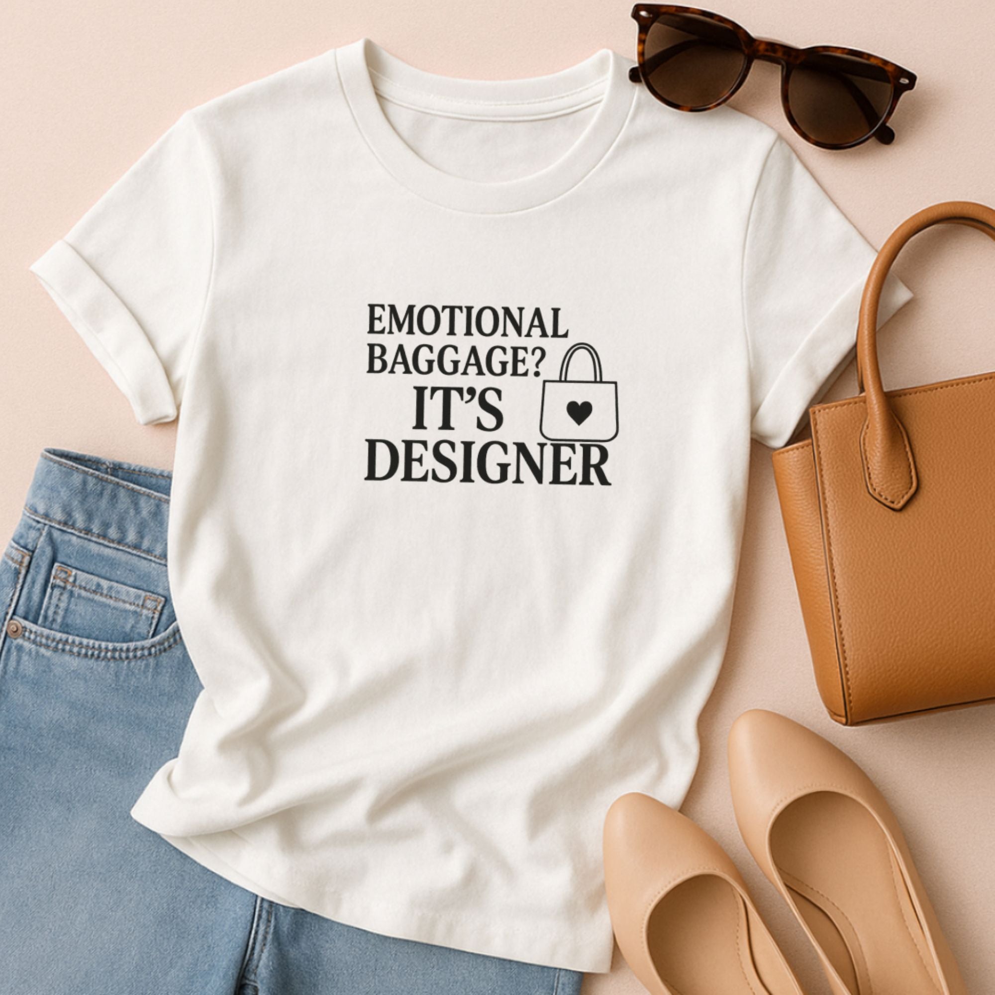 White graphic t-shirt with bold black text humorously saying “Emotional Baggage? It’s Designer” with a small purse icon, a playful mental health themed design