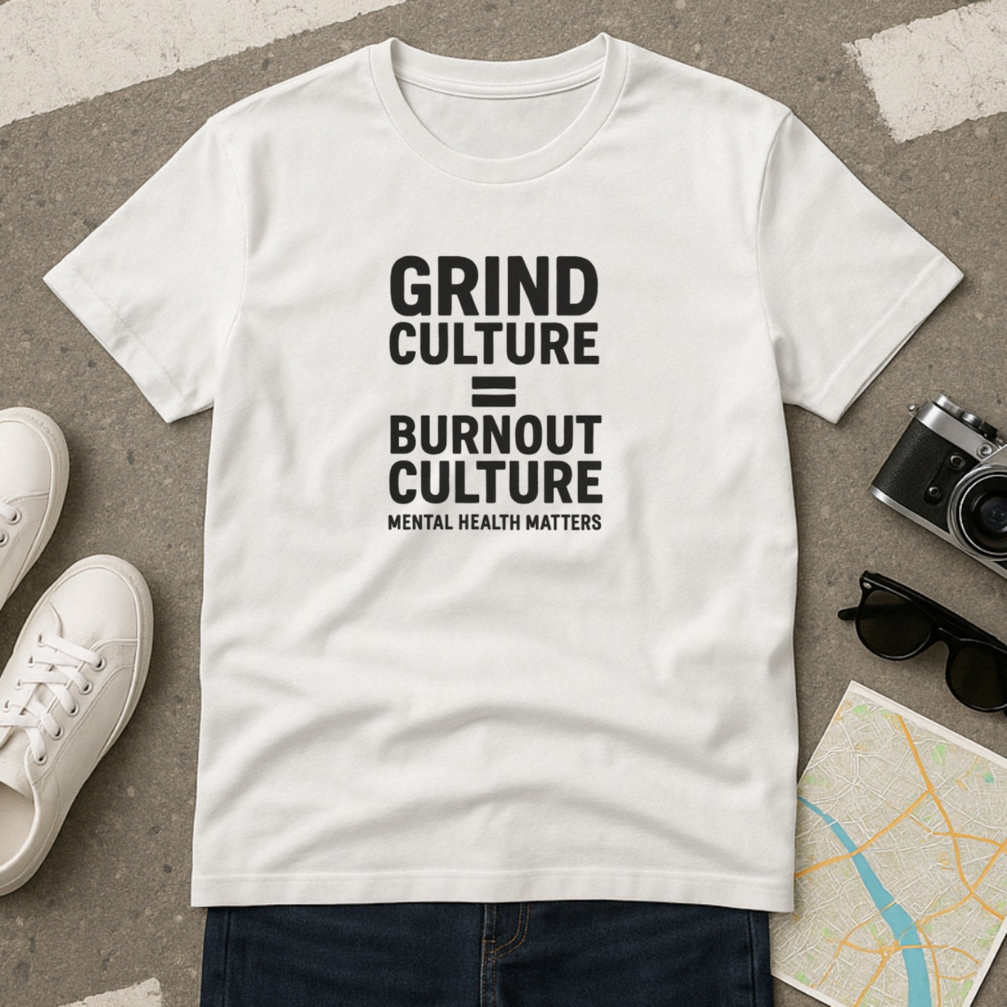 White mental health awareness t-shirt with bold statement typography reading “Grind Culture = Burnout Culture – Mental Health Matters,” calling out hustle culture and advocating for wellbeing