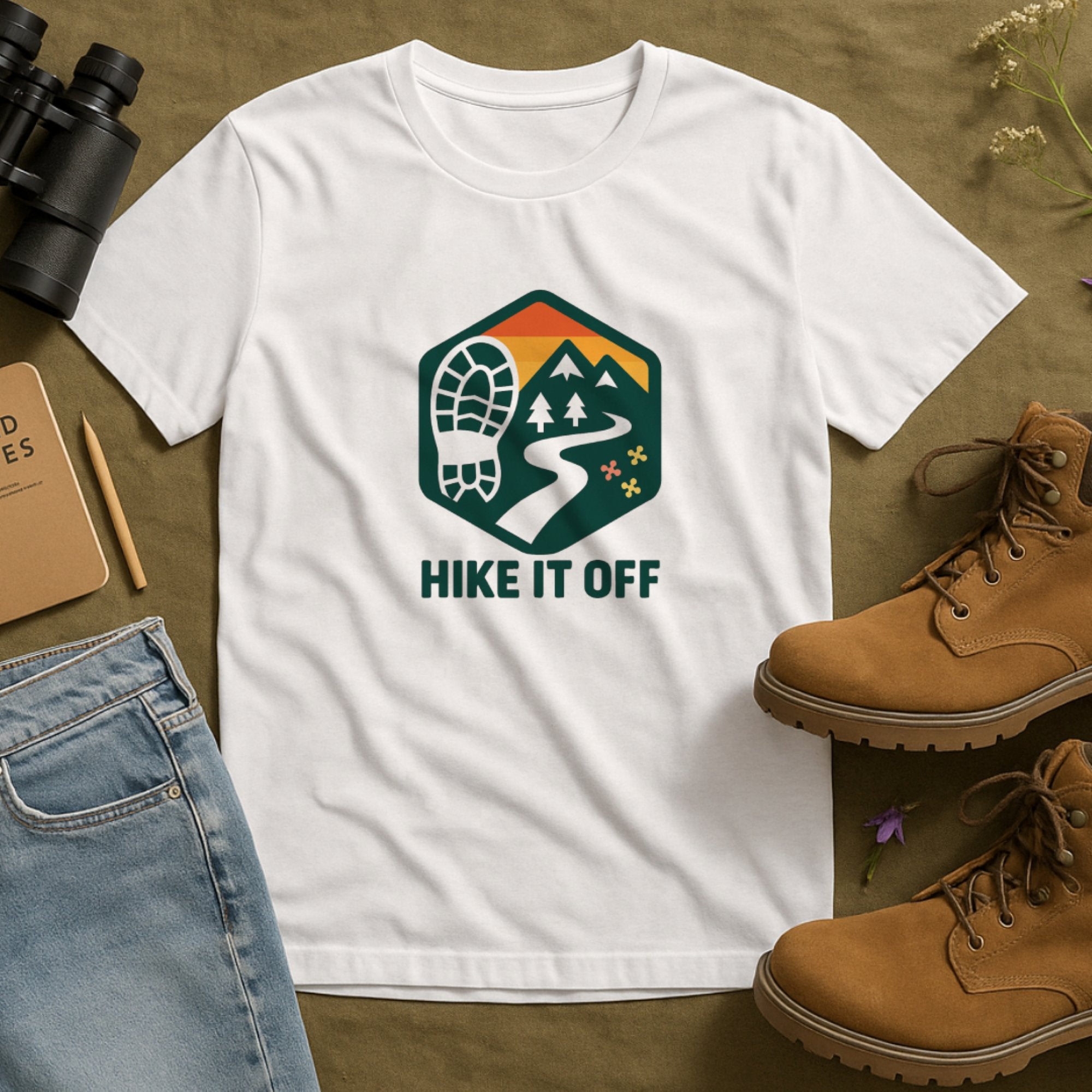 White t-shirt featuring an outdoor hiking badge graphic with boot print, trees, mountains, winding trail, and the phrase “Hike It Off,” promoting stress relief through nature and movement
