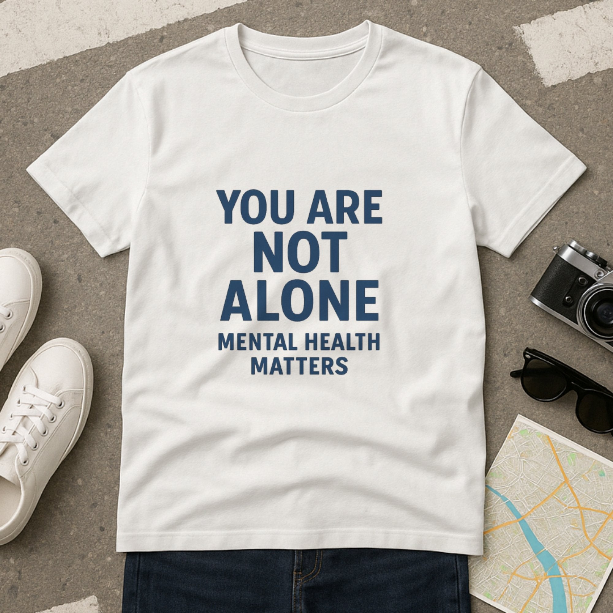White “You Are Not Alone – Mental Health Matters” t-shirt with bold comforting text, spreading encouragement, awareness, and emotional support for mental health
