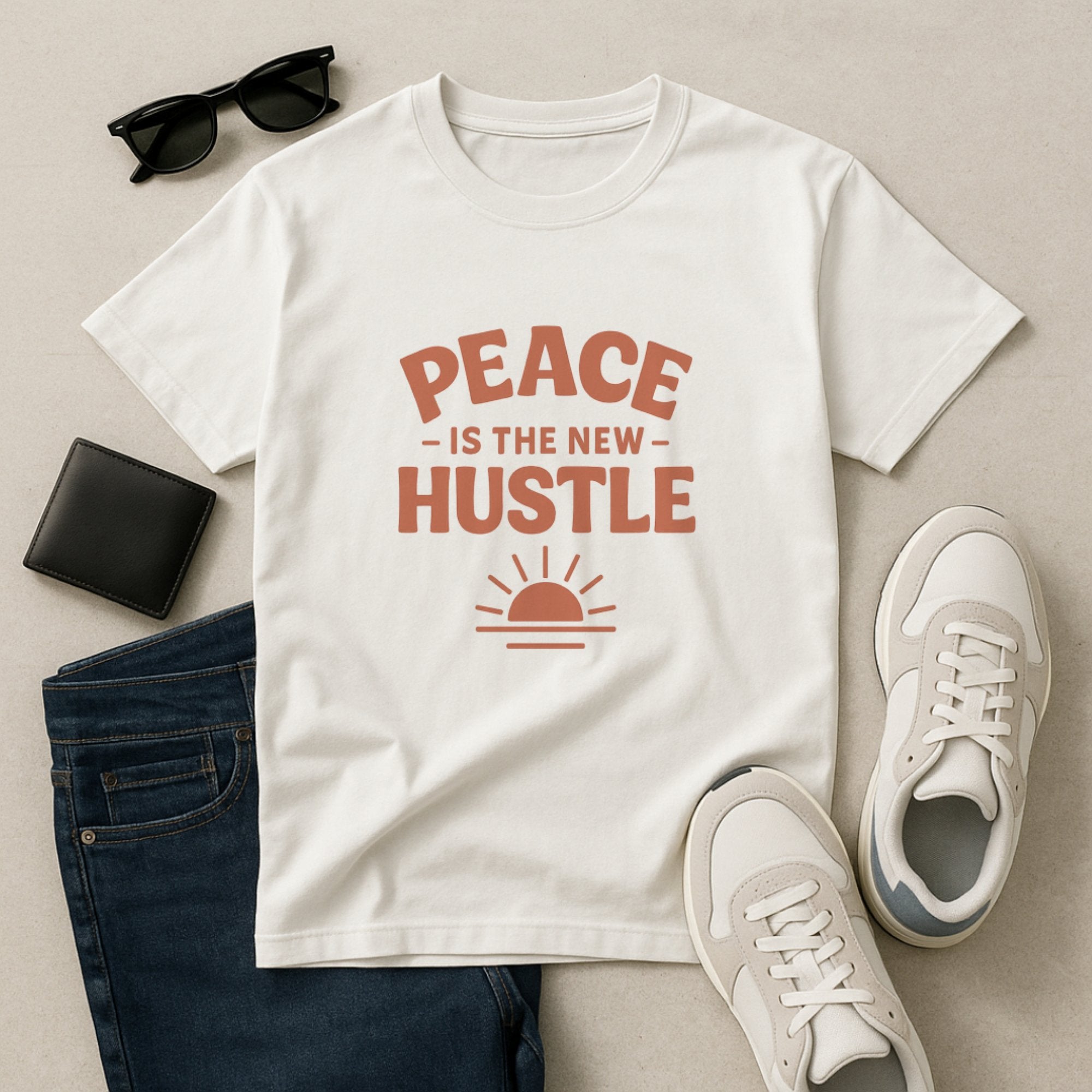 White “Peace Is The New Hustle” mindfulness t-shirt with a simple sunrise graphic, celebrating slowing down, balance, and choosing calm over burnout