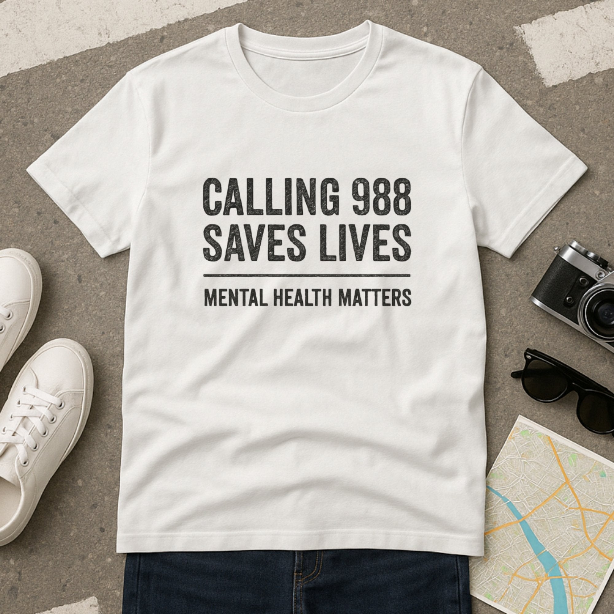 White “Calling 988 Saves Lives – Mental Health Matters” awareness t-shirt with bold distressed lettering, promoting suicide prevention support and mental health awareness