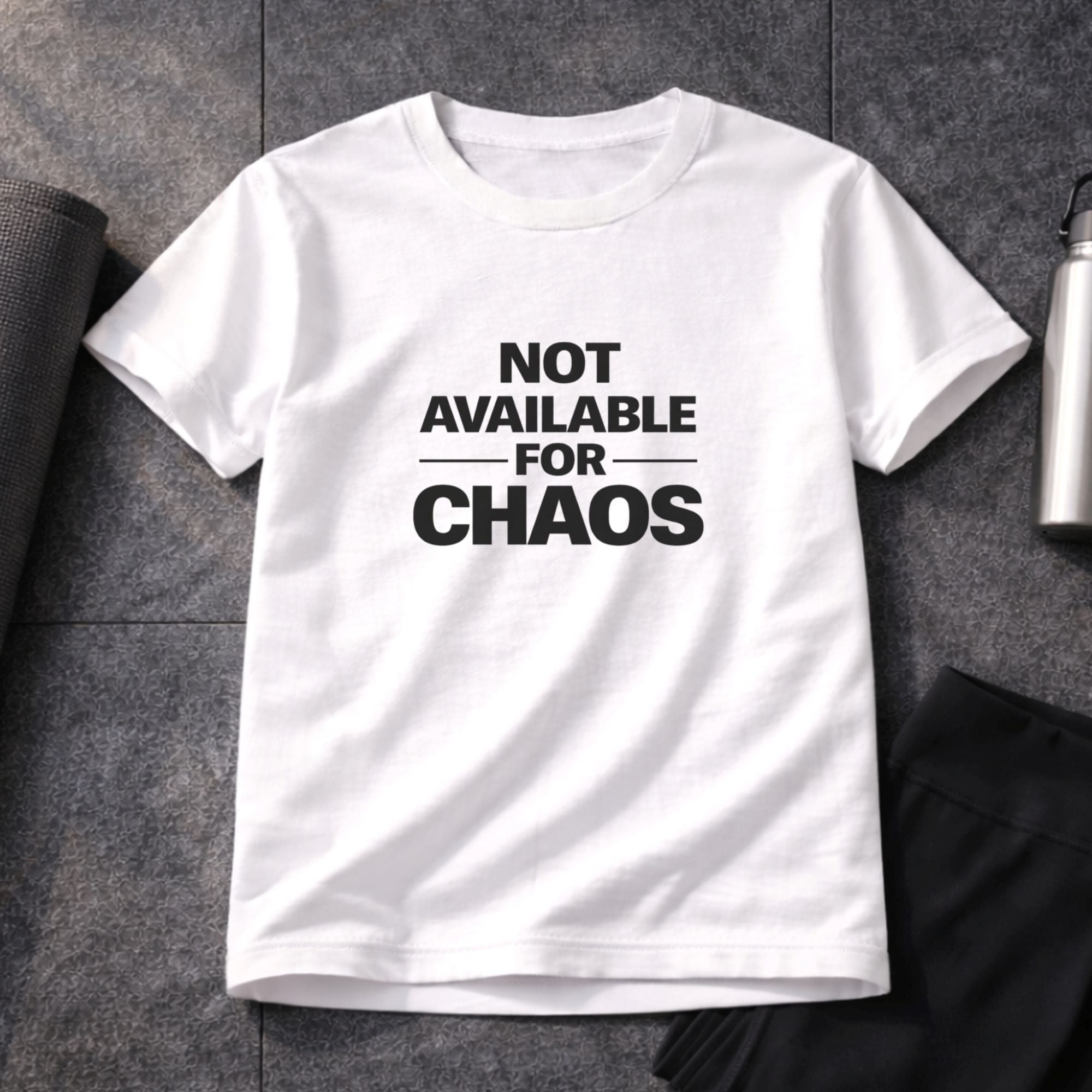 White t-shirt with 'Not Available for Chaos' text on a gray surface.