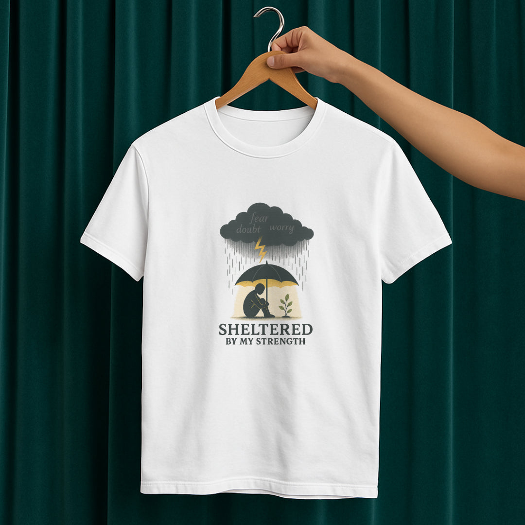 Sheltered By My Strength T-Shirt – Resilient Mental Health Tee