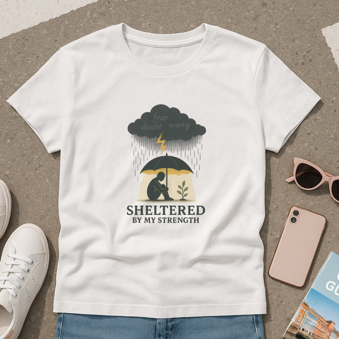 Sheltered By My Strength T-Shirt – Resilient Mental Health Tee