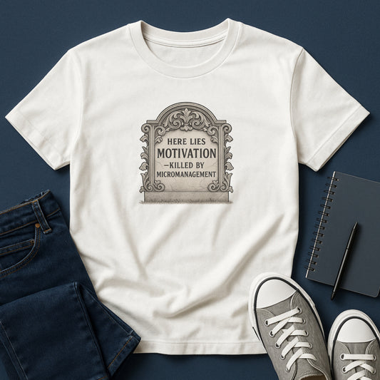 Here Lies Motivation T-Shirt – Corporate Parody Tee
