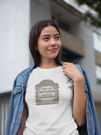 Here Lies Motivation T-Shirt – Corporate Parody Tee