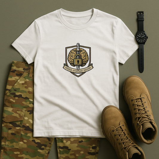 Unlock Overcome Endure T-Shirt – Military Strength & Perseverance  Tee