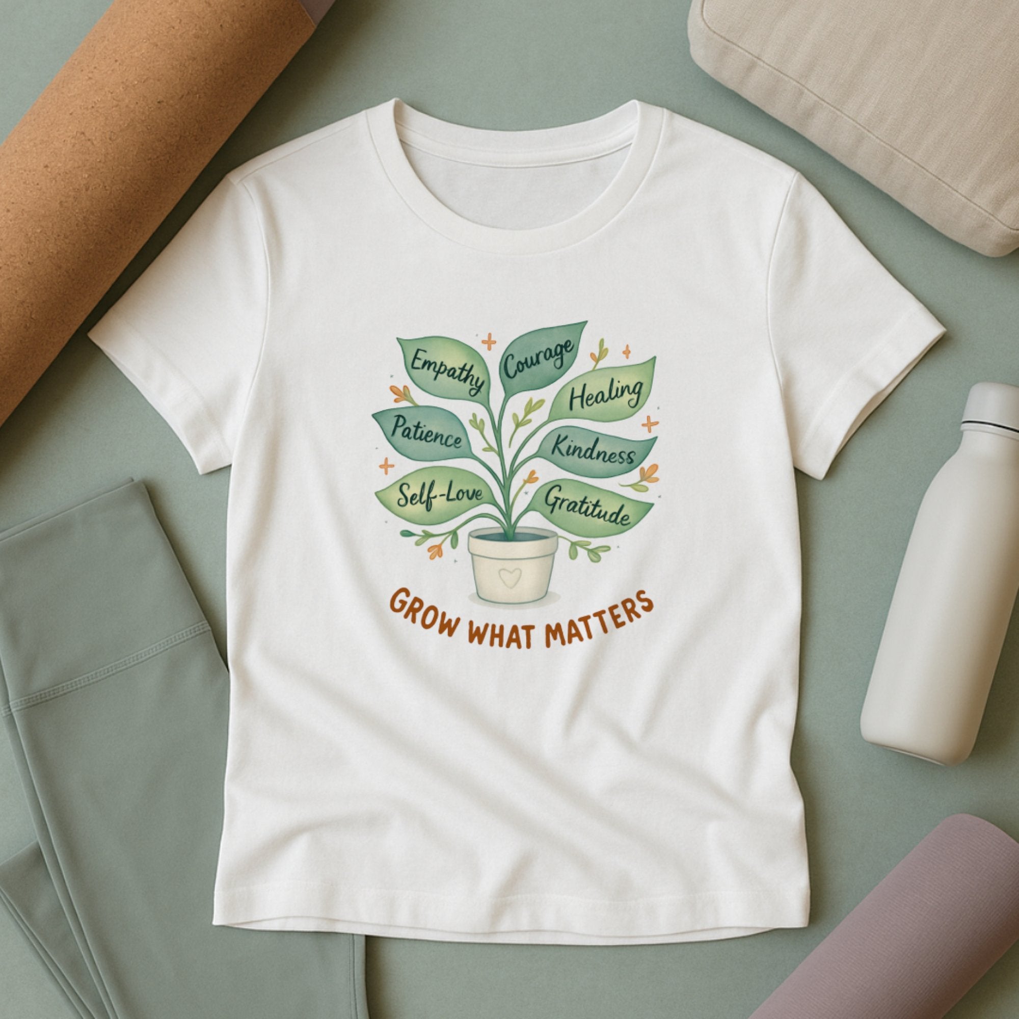 White mental health t-shirt featuring a potted plant illustration with words like empathy, courage, self-love, and gratitude, and the phrase “Grow What Matters”