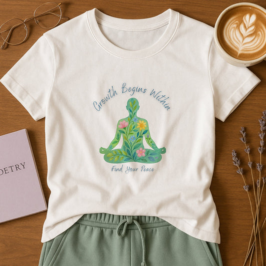 White mindfulness t-shirt with a peaceful meditating figure made of leaves and flowers and the calming message “Growth Begins Within – Find Your Peace”