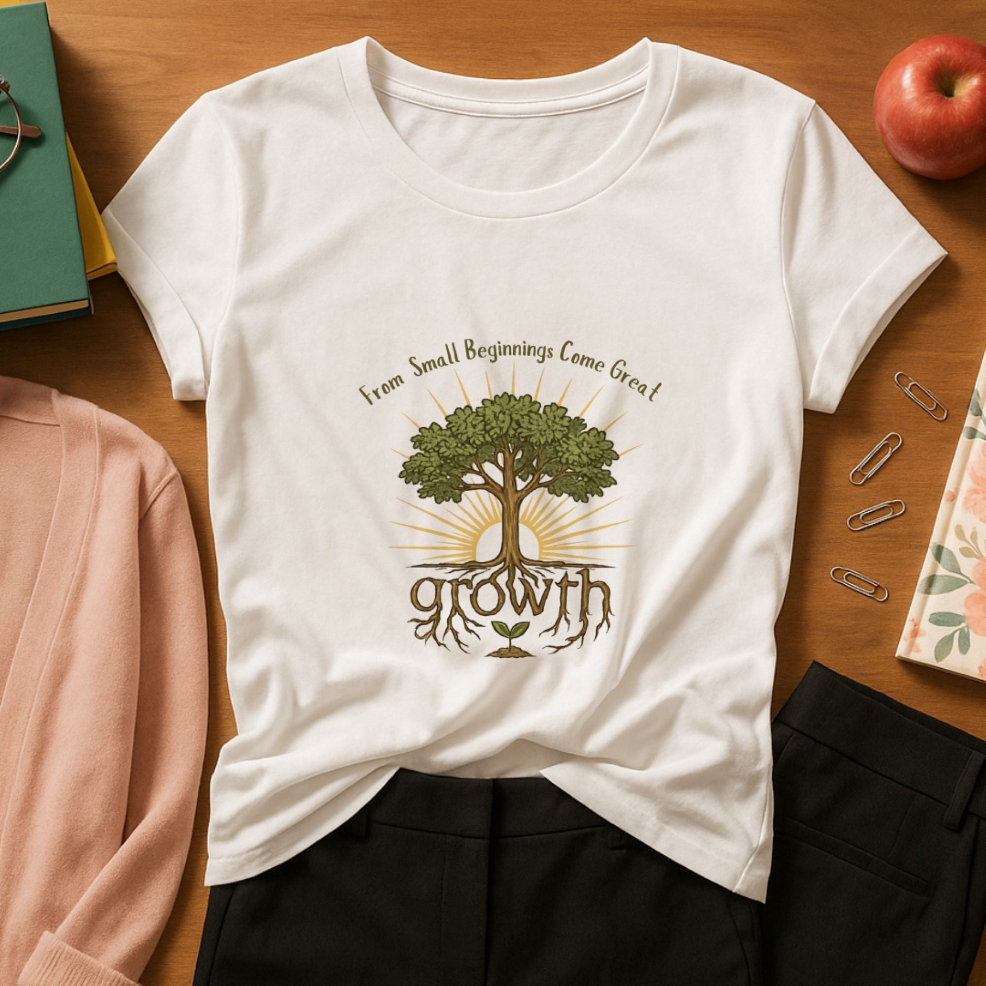 White inspirational t-shirt with a flourishing tree and roots illustration and the uplifting message “From Small Beginnings Come Great Growth,” symbolizing hope and personal progress