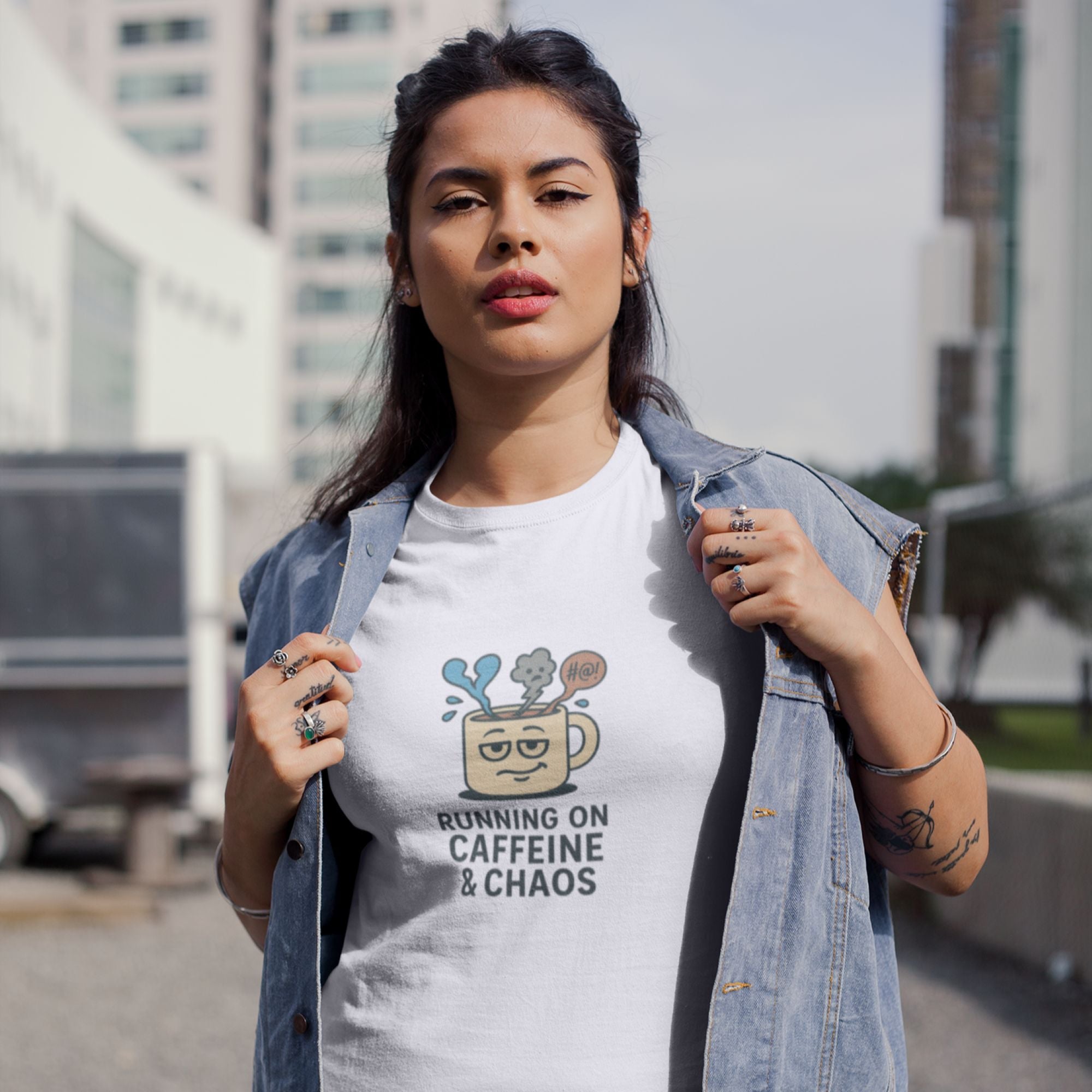 Running on Caffeine & Chaos – Humor Tee
