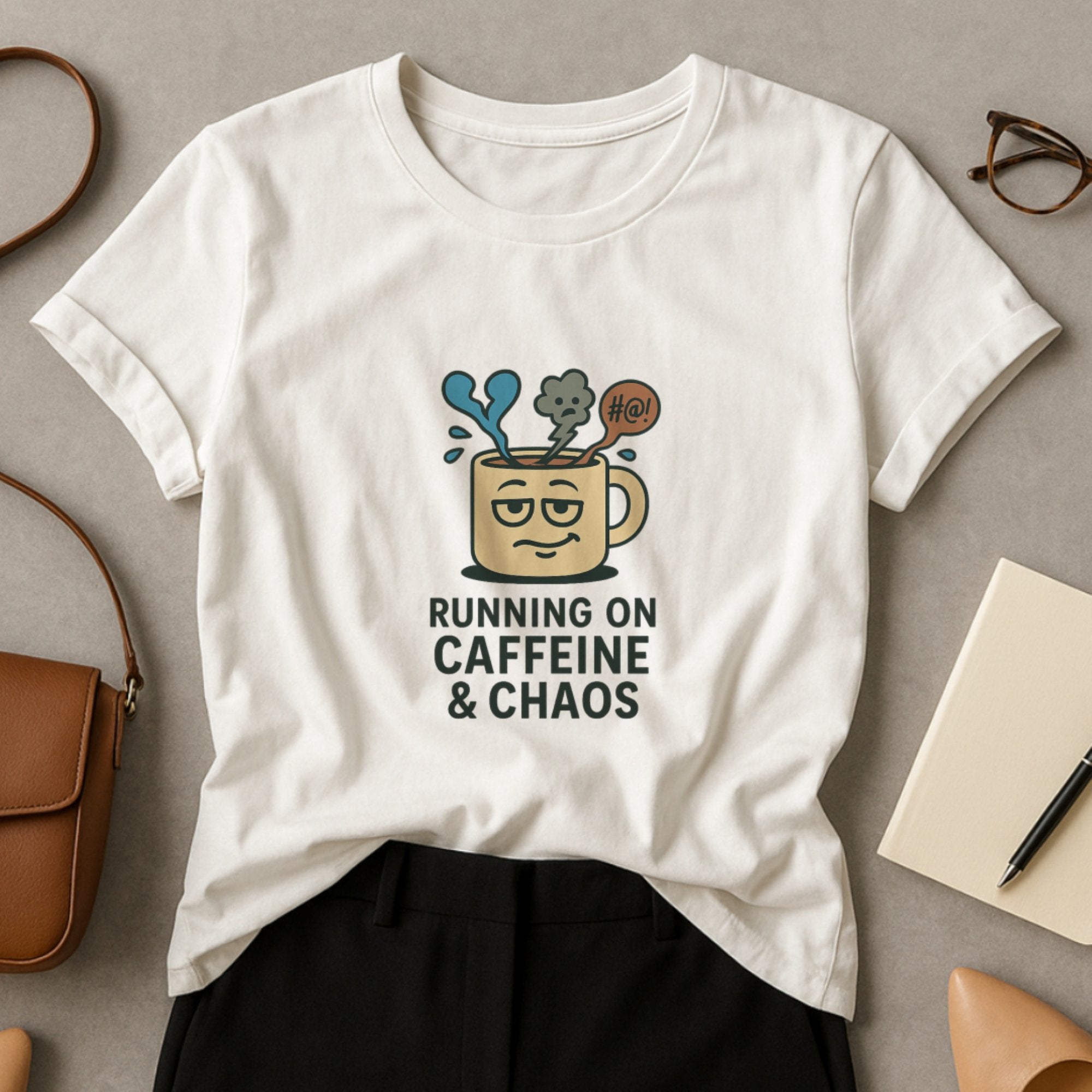 White graphic t-shirt with a tired coffee mug illustration and the humorous phrase “Running on Caffeine & Chaos,” perfect for busy, overwhelmed days