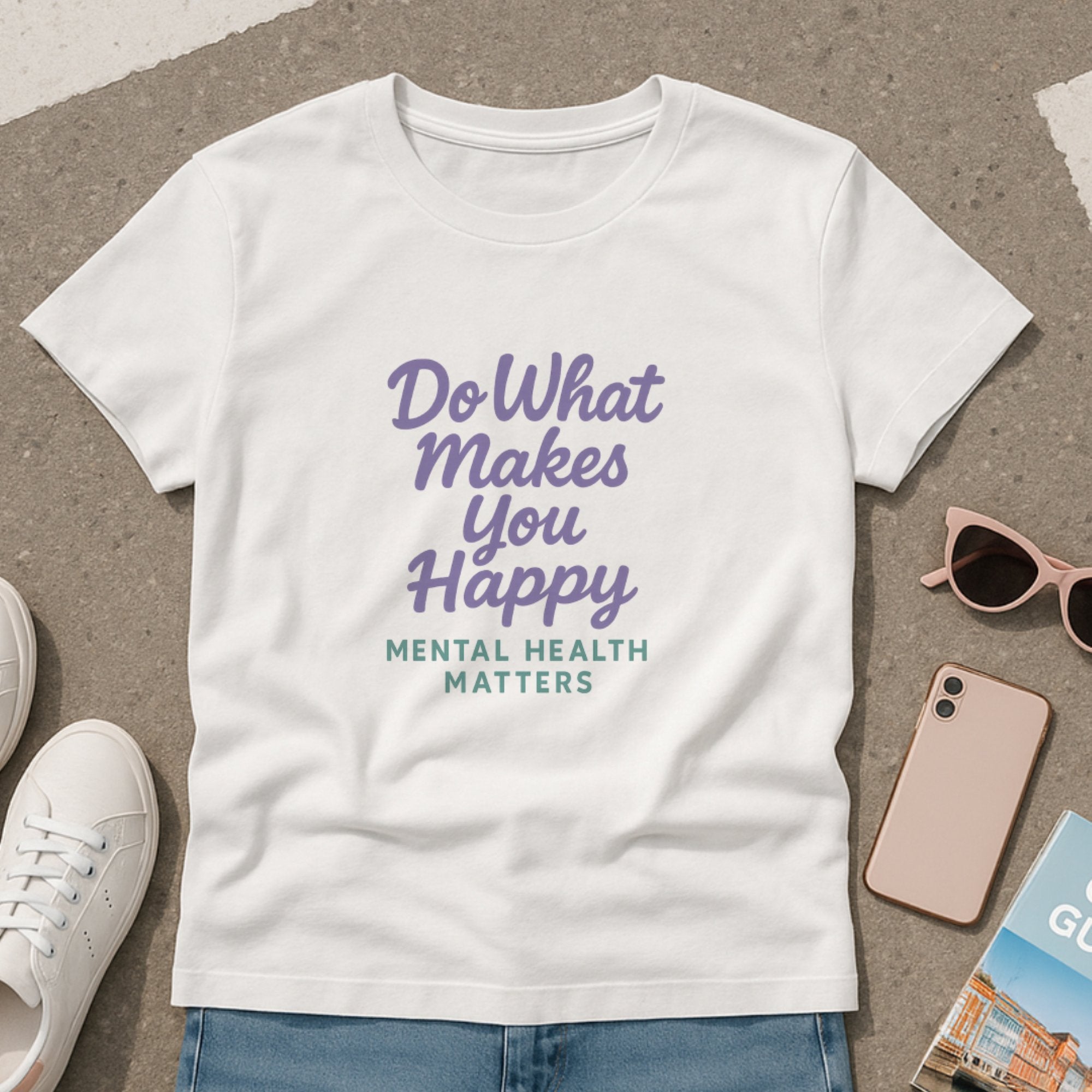 White graphic t-shirt with playful typography saying “Mentally Stable-ish… That Counts, Right?!” blending humor with honest mental health relatability
