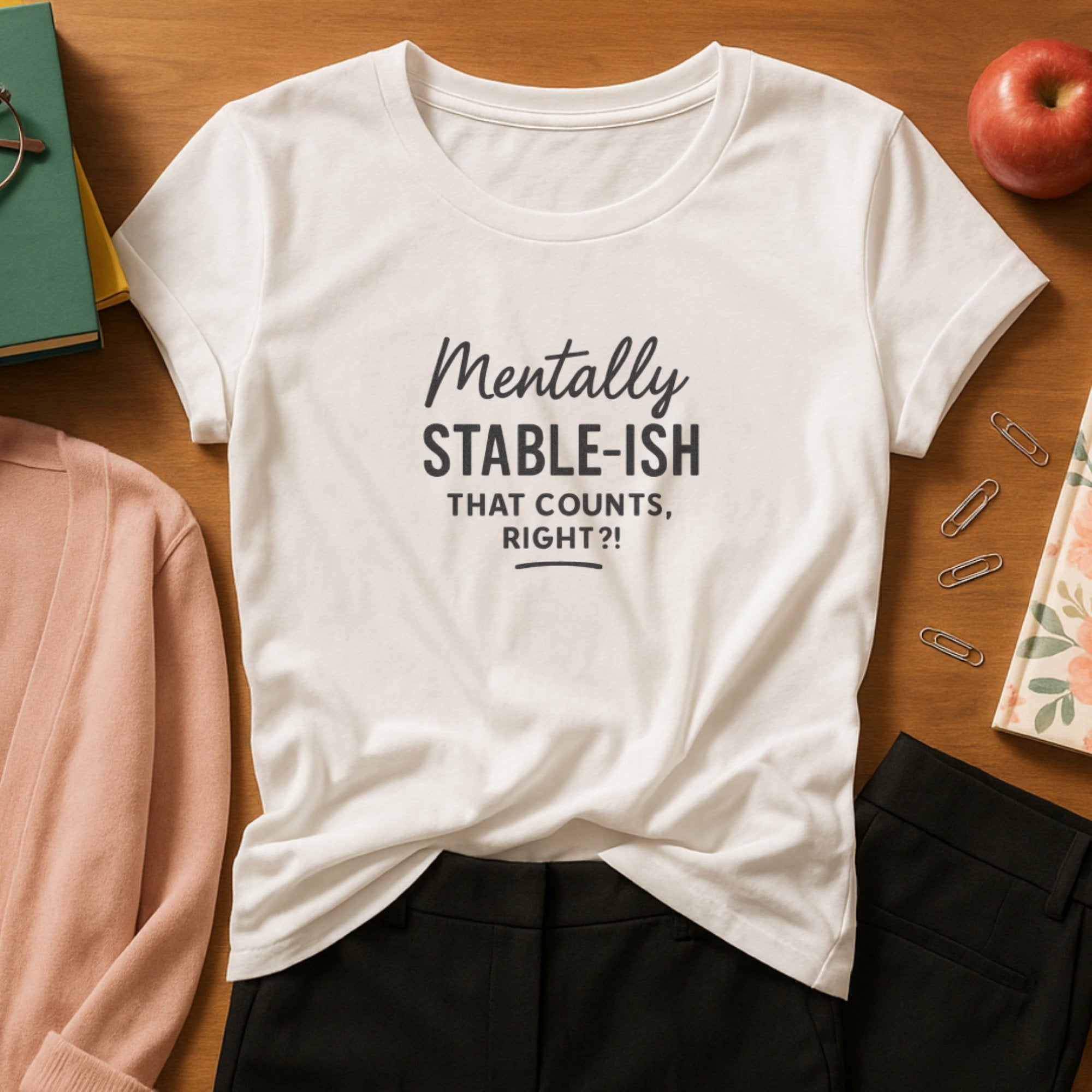 White graphic t-shirt with playful typography saying “Mentally Stable-ish… That Counts, Right?!” blending humor with honest mental health relatability