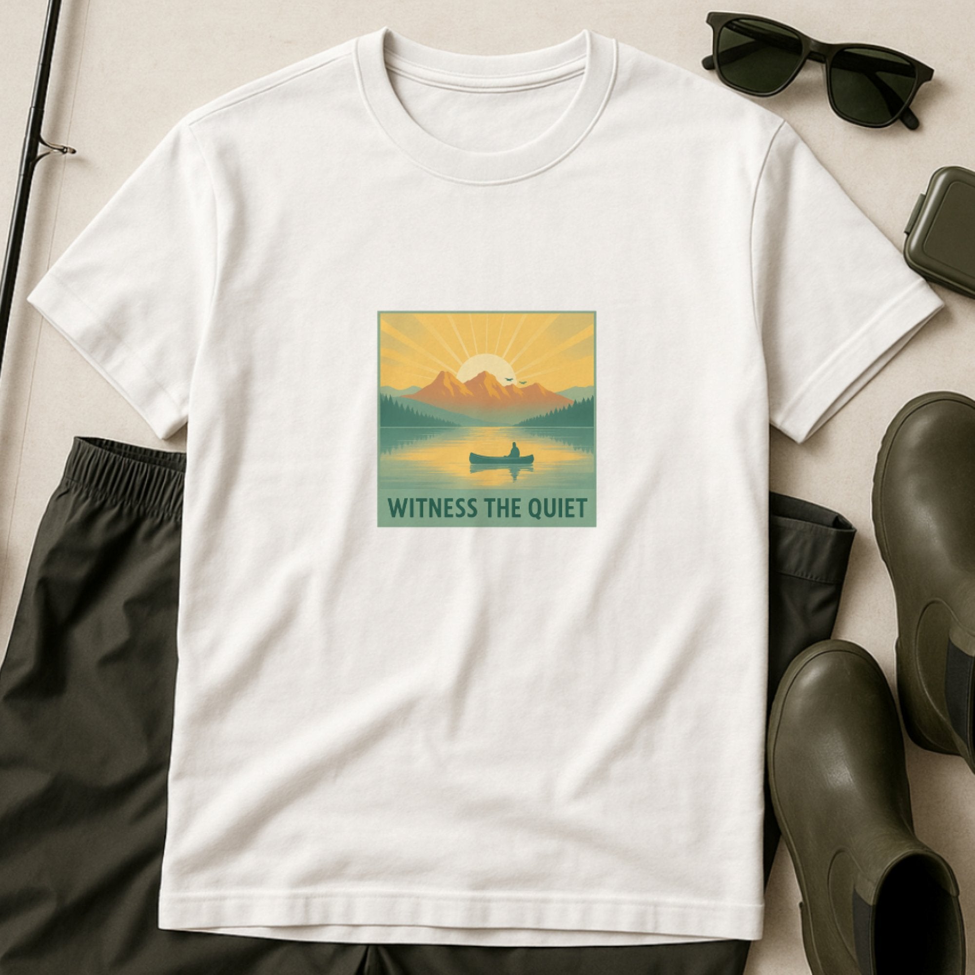 White mindfulness t-shirt with a peaceful mountain lake illustration of a person in a canoe at sunrise and the calming phrase “Witness the Quiet,” celebrating stillness and inner peace