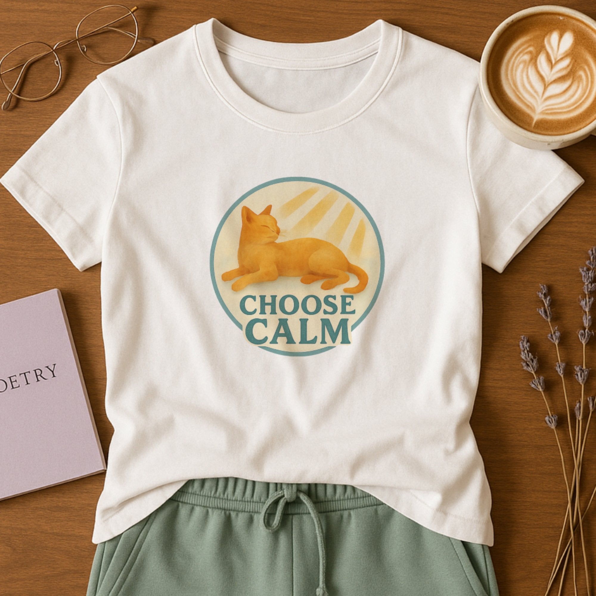 White mindfulness t-shirt with a warm golden cat relaxing in sunlight and the uplifting phrase “Choose Calm,” promoting peace, comfort, and emotional wellbeing