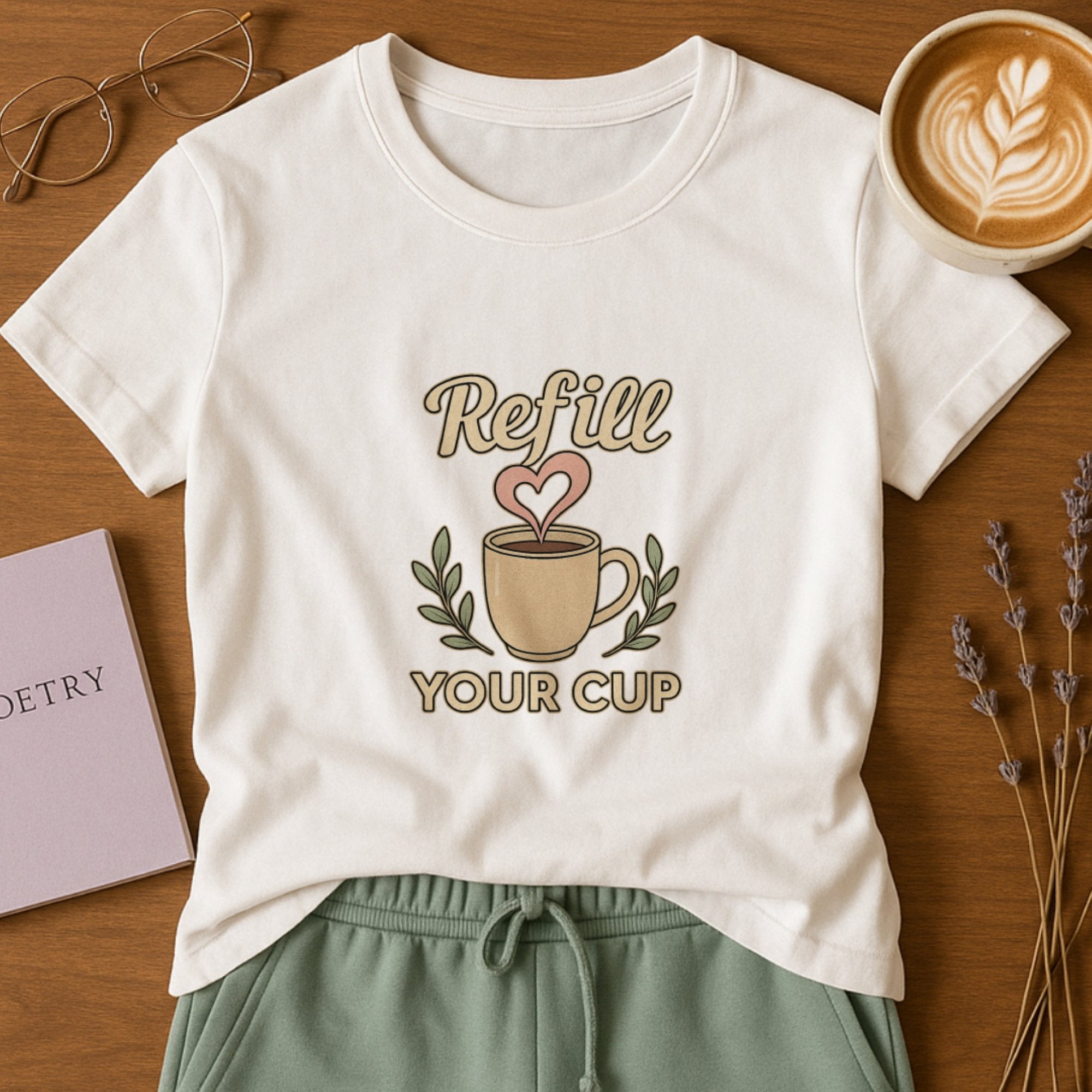 White self-care t-shirt with a cozy coffee cup illustration, soft earthy colors, leaf accents, and the comforting message “Refill Your Cup,” encouraging rest, nourishment, and emotional wellness