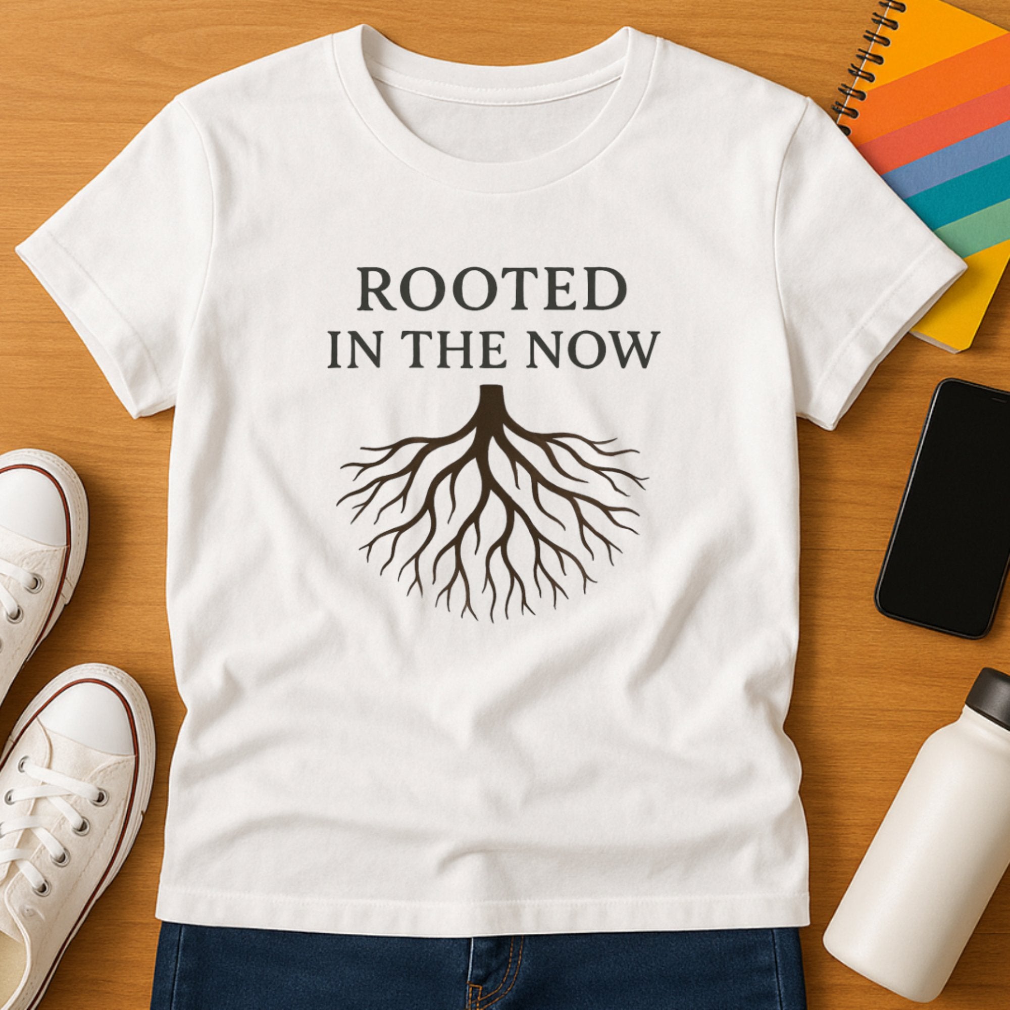 White mindfulness t-shirt featuring grounded tree roots artwork and the affirmation “Rooted in the Now,” symbolizing presence, stability, and emotional grounding in the present moment