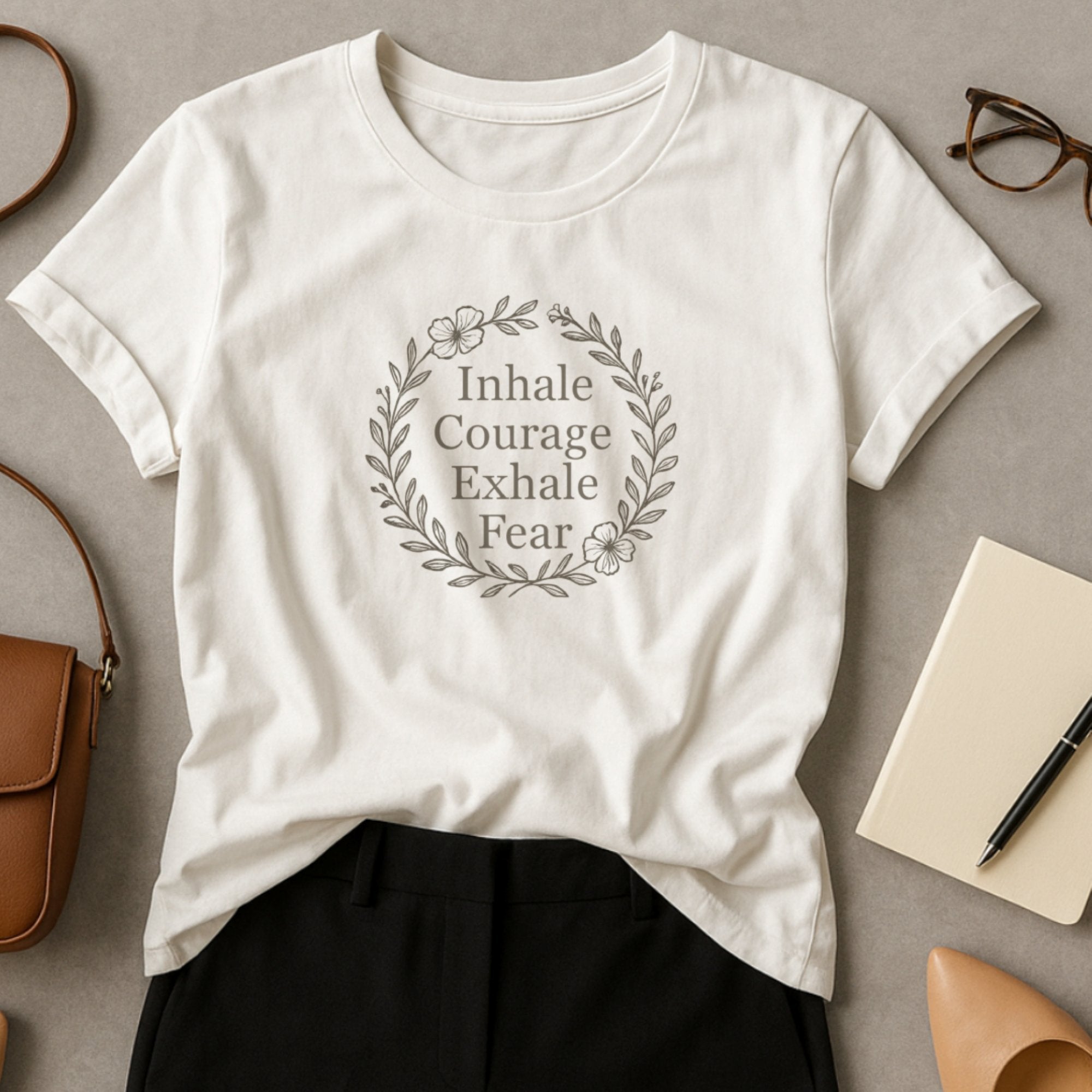 White mental health affirmation t-shirt with a floral wreath design and the calming message “Inhale Courage Exhale Fear,” promoting mindfulness, strength, and emotional wellness