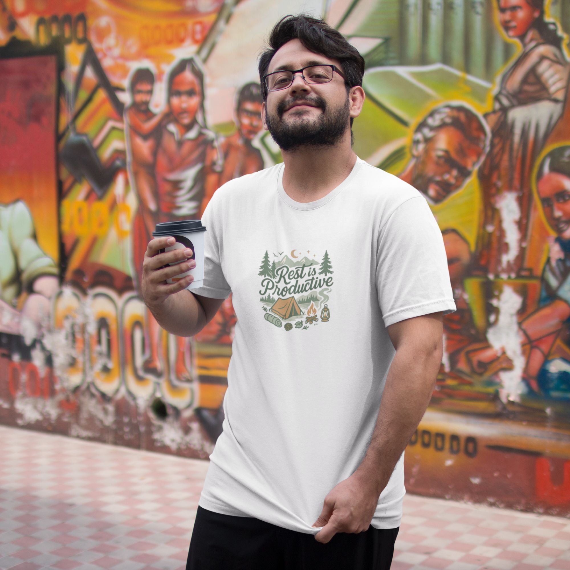 Man wearing a white t-shirt with a graphic design, holding a coffee cup, standing in front of a colorful mural.
