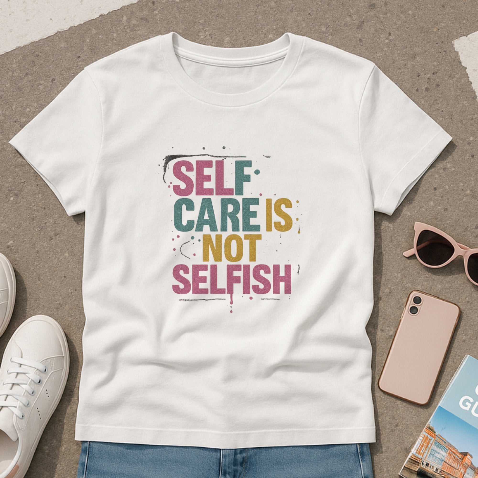 White motivational t-shirt with bold colorful typography stating “Self Care Is Not Selfish,” encouraging mental health awareness, boundaries, and emotional wellness