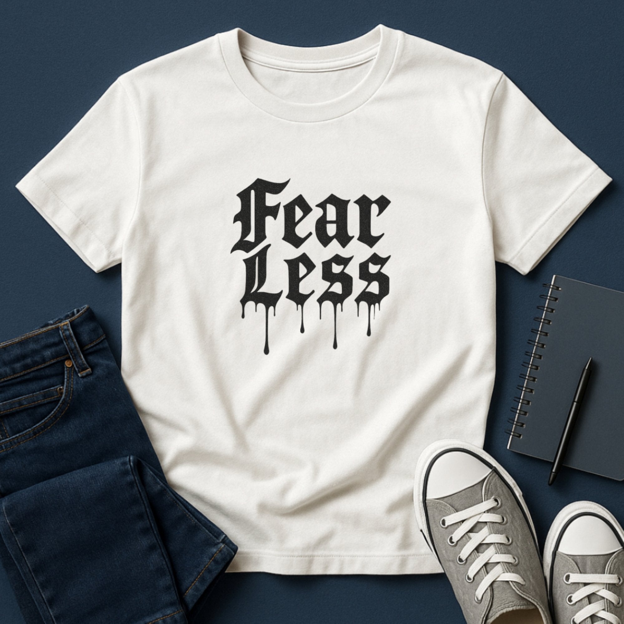White t-shirt with bold gothic lettering that reads “Fear Less,” featuring a dripping ink effect, encouraging strength, bravery, and emotional resilience