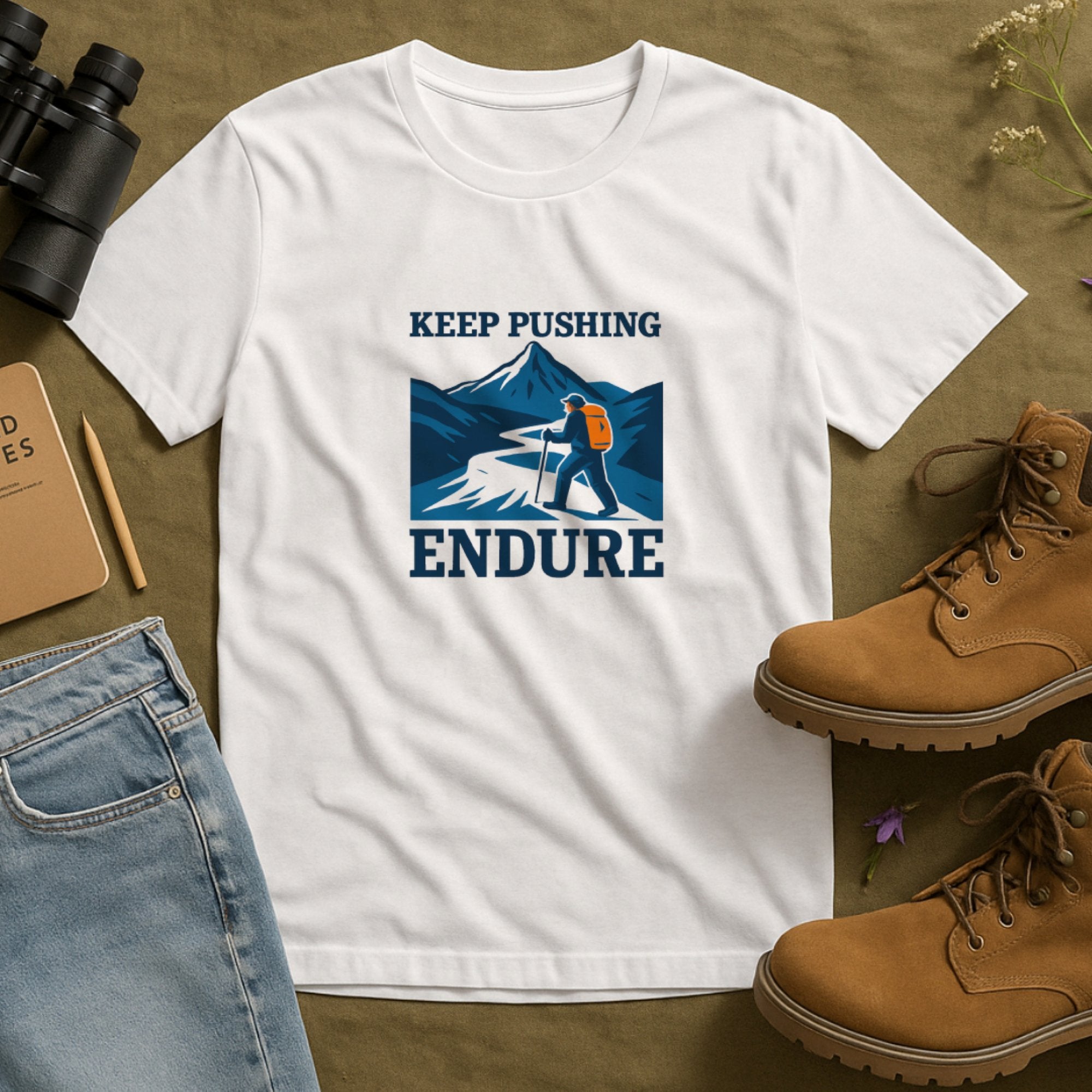 White motivational t-shirt with a hiker climbing toward a mountain peak and the words “Keep Pushing Endure,” inspiring perseverance, strength, and mental resilience