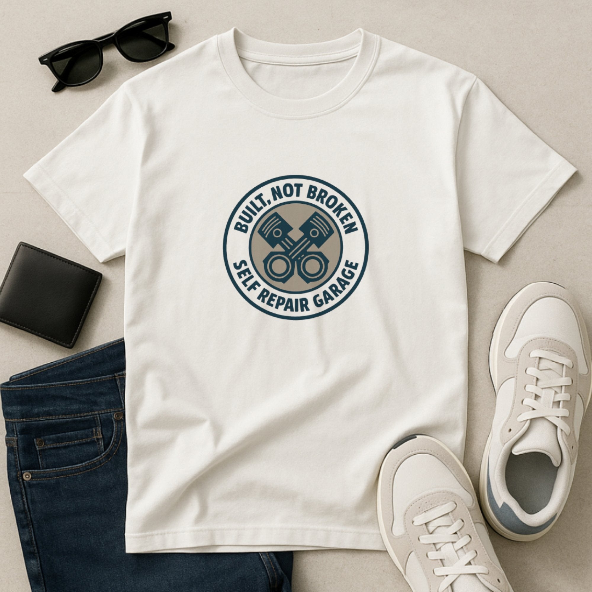 White “Built, Not Broken – Self Repair Garage” t-shirt featuring a mechanic engine piston graphic, symbolizing healing, strength, and rebuilding yourself with resilience