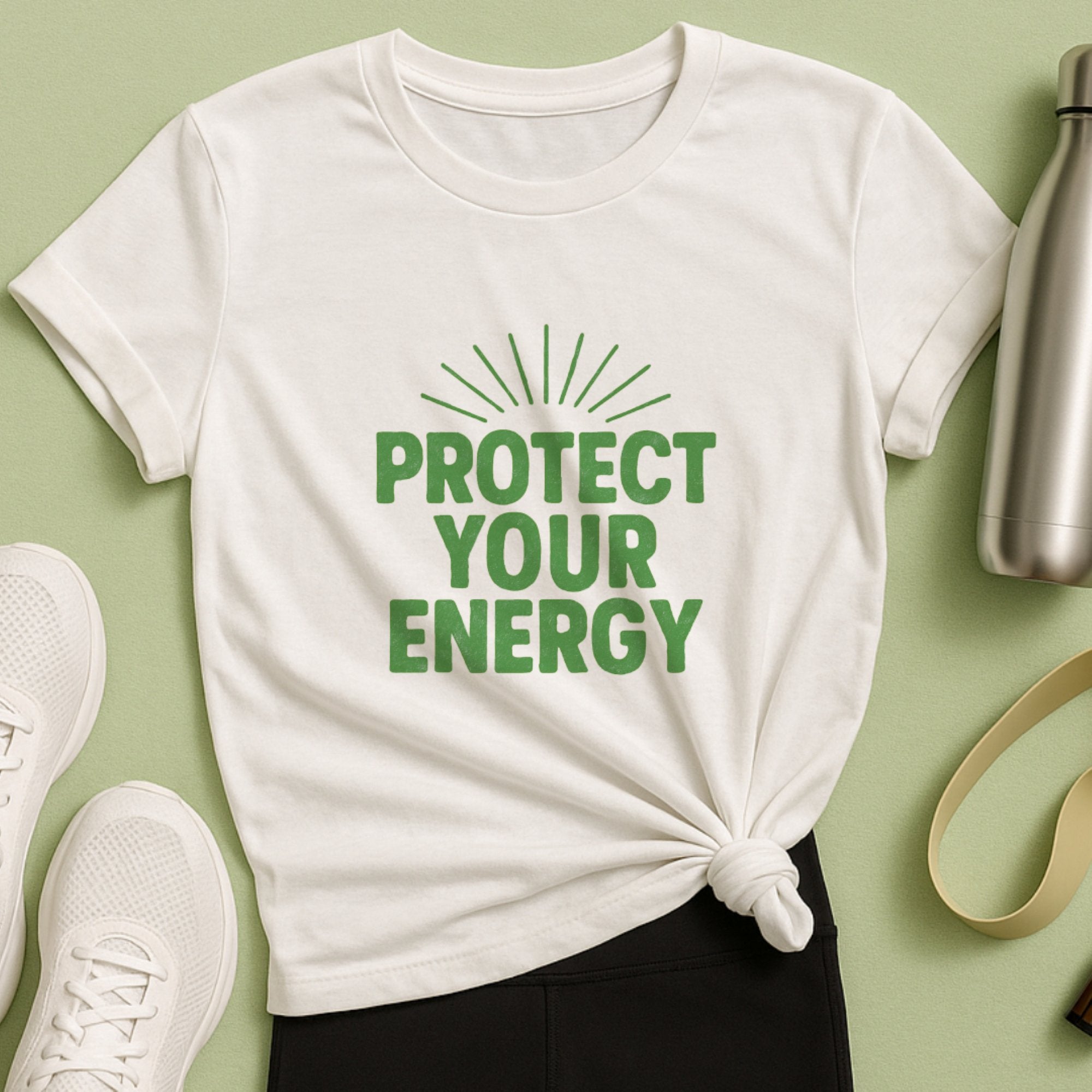 White “Protect Your Energy” t-shirt with bold green lettering and radiating lines, promoting boundaries, emotional wellbeing, and self-care empowerment