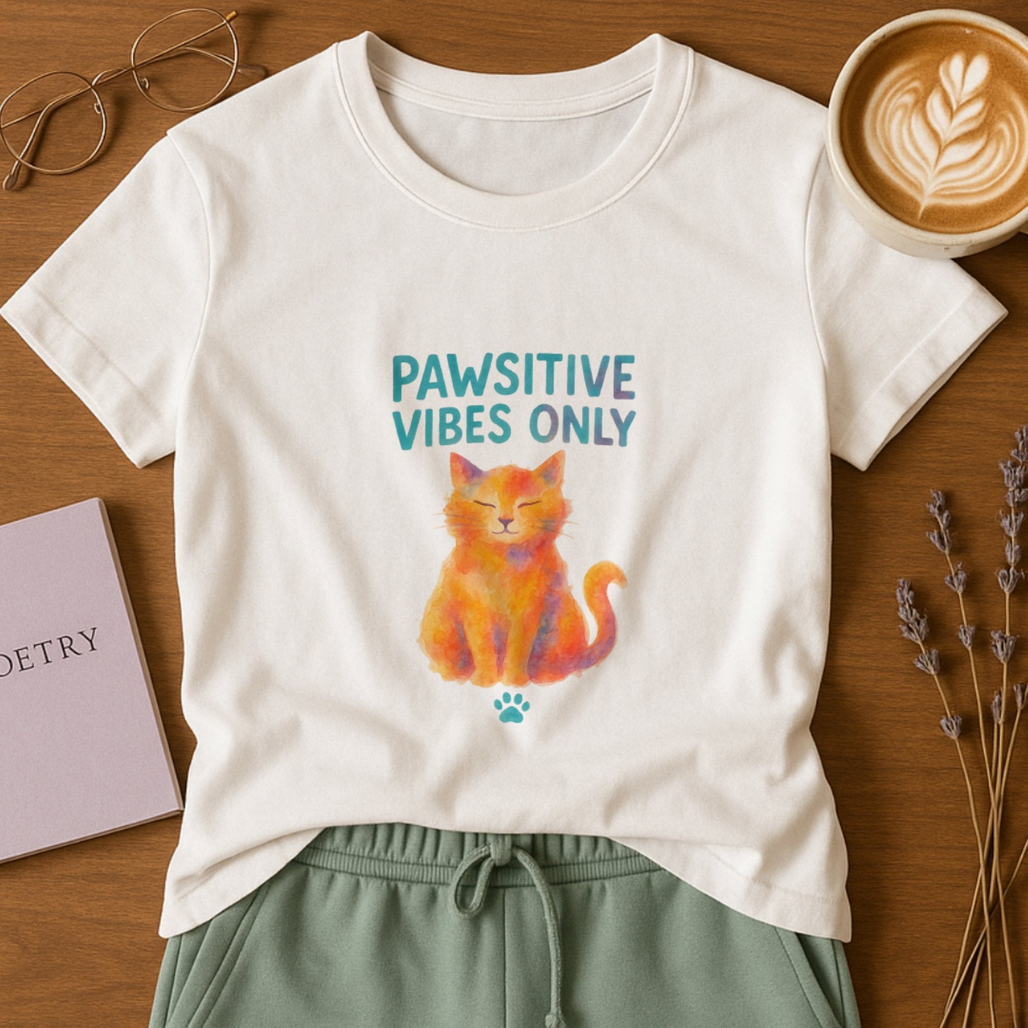 White “Pawsitive Vibes Only” t-shirt featuring a colorful smiling cat illustration, spreading joy, comfort, and uplifting mental wellness energy