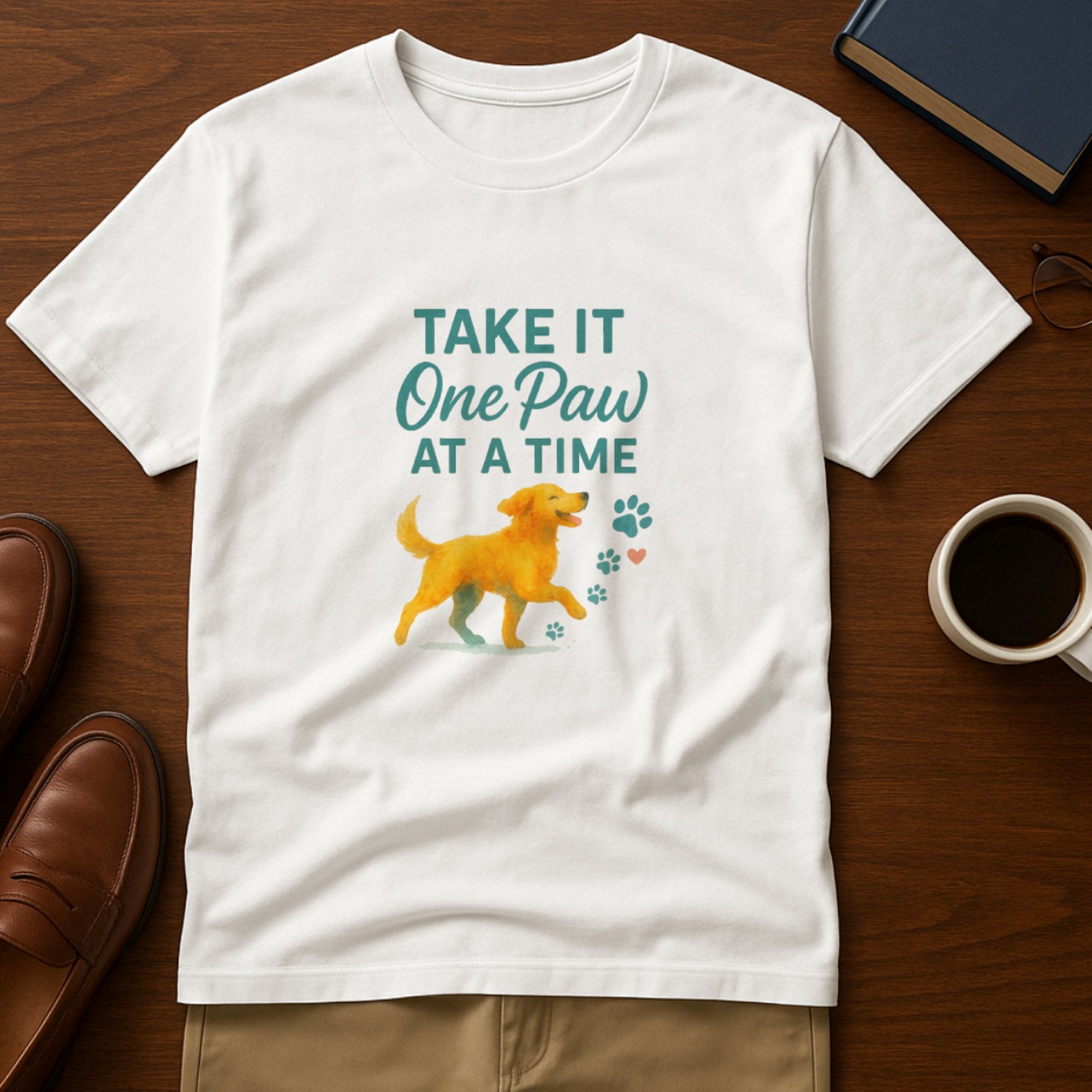 White “Take It One Paw at a Time” t-shirt featuring a happy watercolor dog with playful paw prints, offering gentle encouragement, comfort, and uplifting mental wellness support