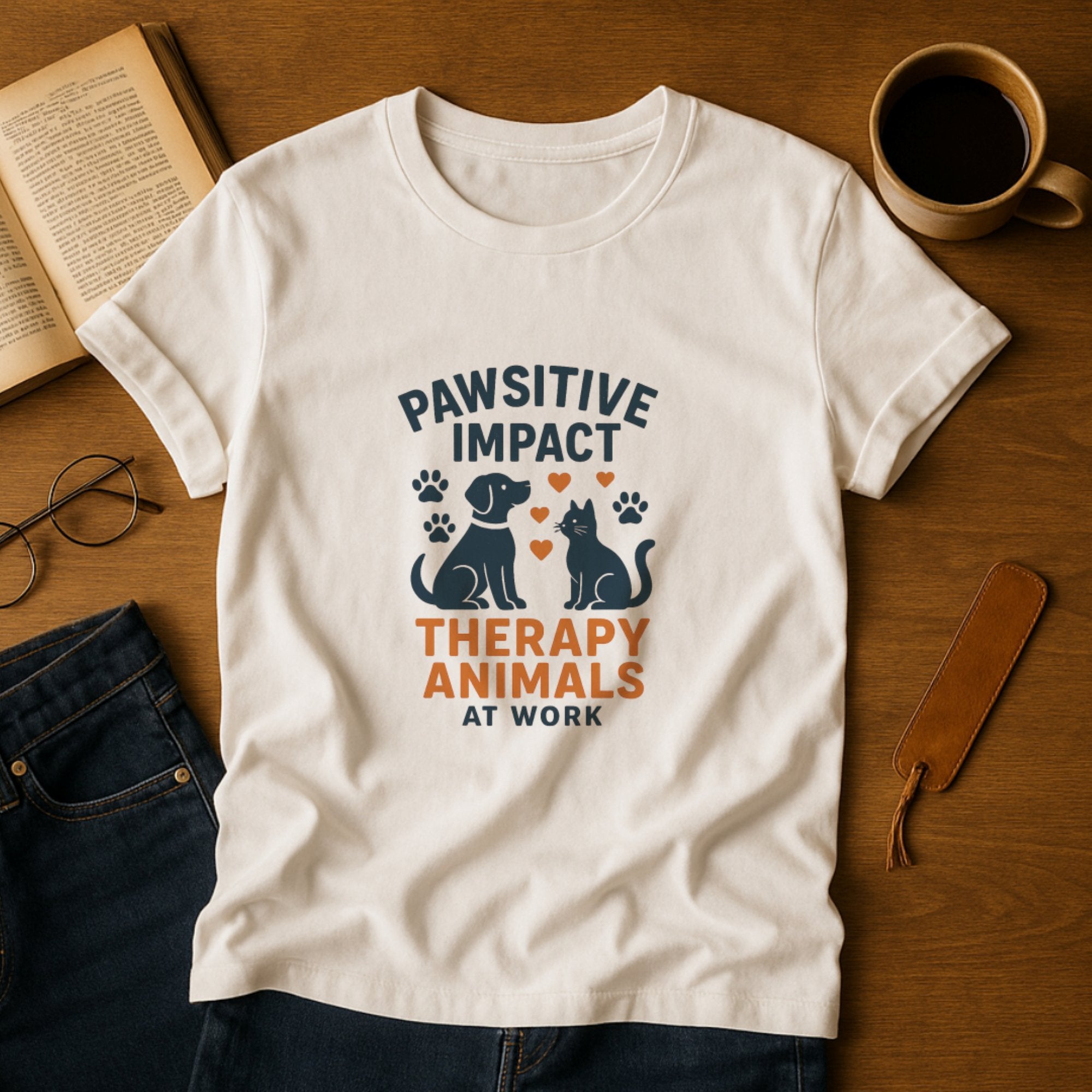 White “Pawsitive Impact – Therapy Animals at Work” t-shirt featuring a dog and cat with hearts and paw prints, celebrating the comfort, healing, and emotional support therapy animals bring