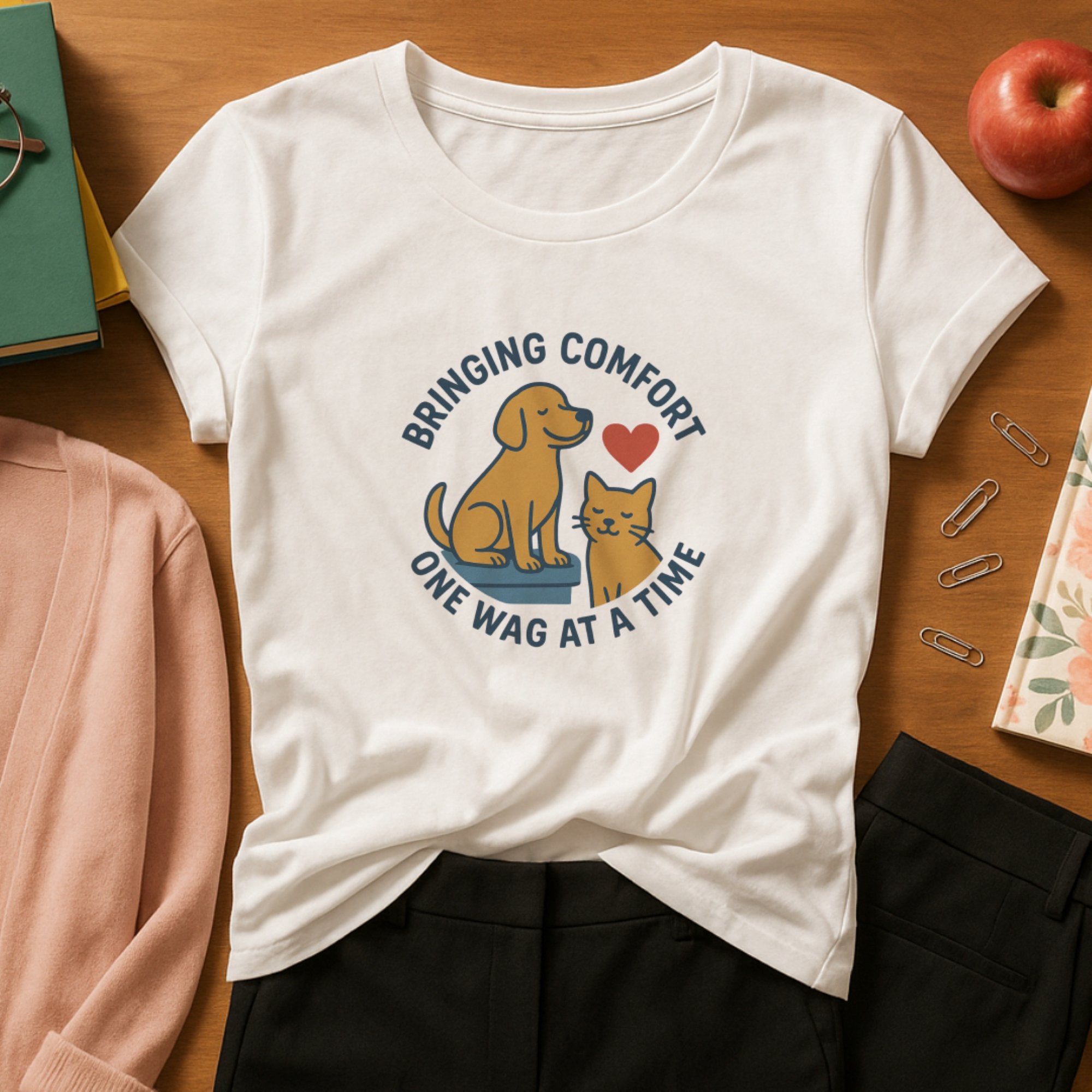 White “Bringing Comfort One Wag at a Time” t-shirt featuring a friendly dog and cat with a heart, celebrating the warmth, healing, and emotional support therapy animals provide
