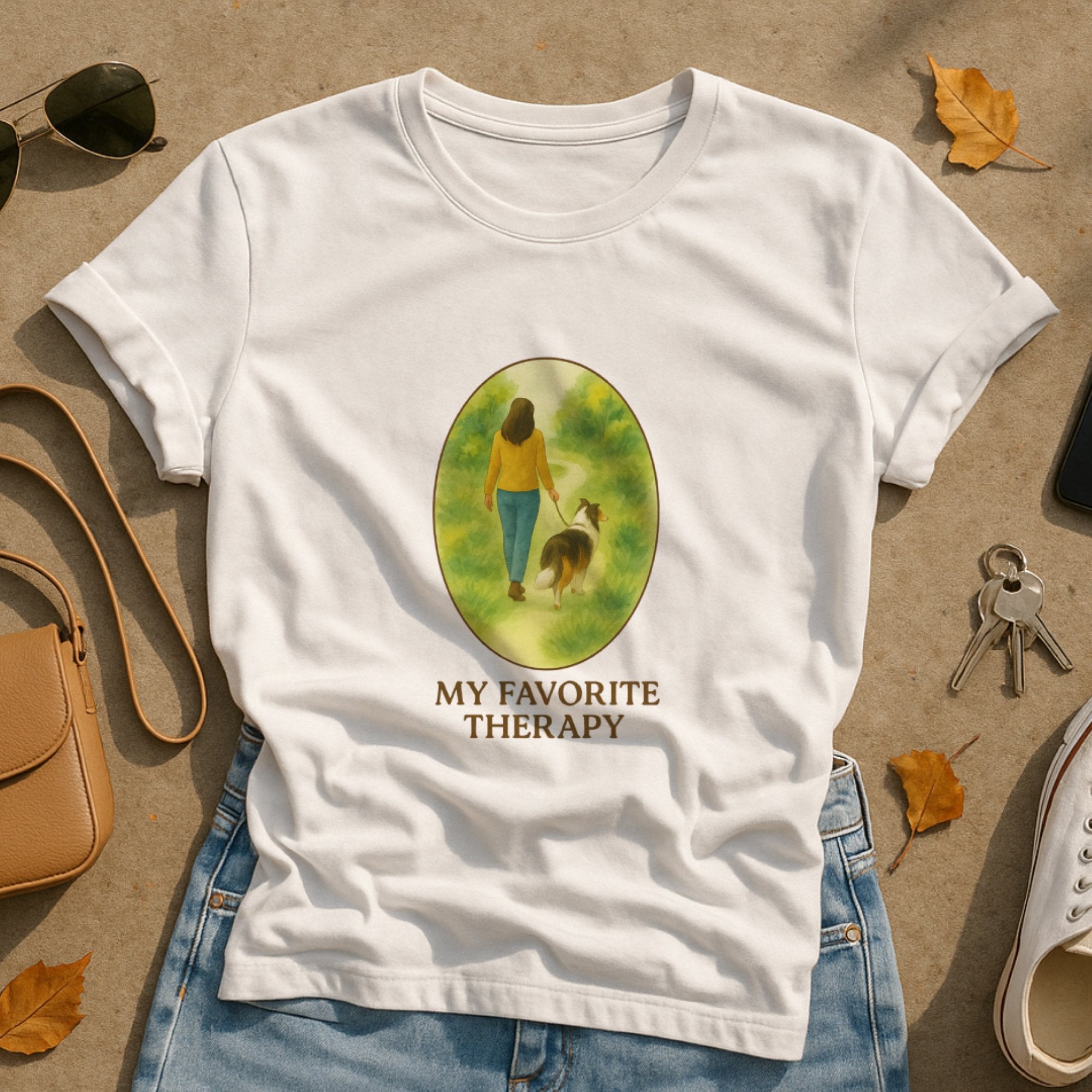 White “My Favorite Therapy” t-shirt featuring a peaceful illustration of a woman walking with her dog through nature, celebrating the calming, healing comfort pets bring
