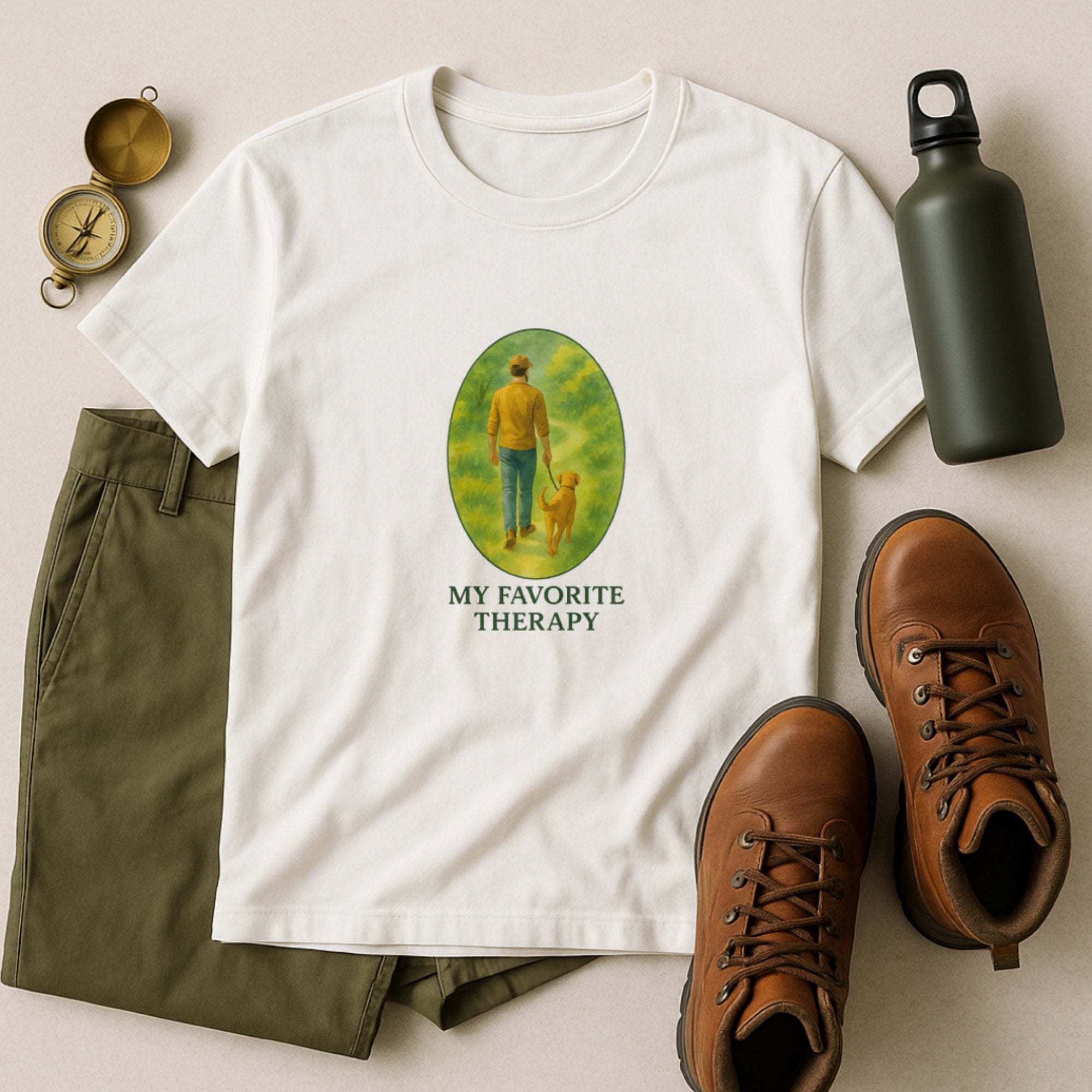 White “My Favorite Therapy” t-shirt featuring a peaceful illustration of a person walking their dog through nature, symbolizing calm, grounding, and the healing power of time outdoors with a pet