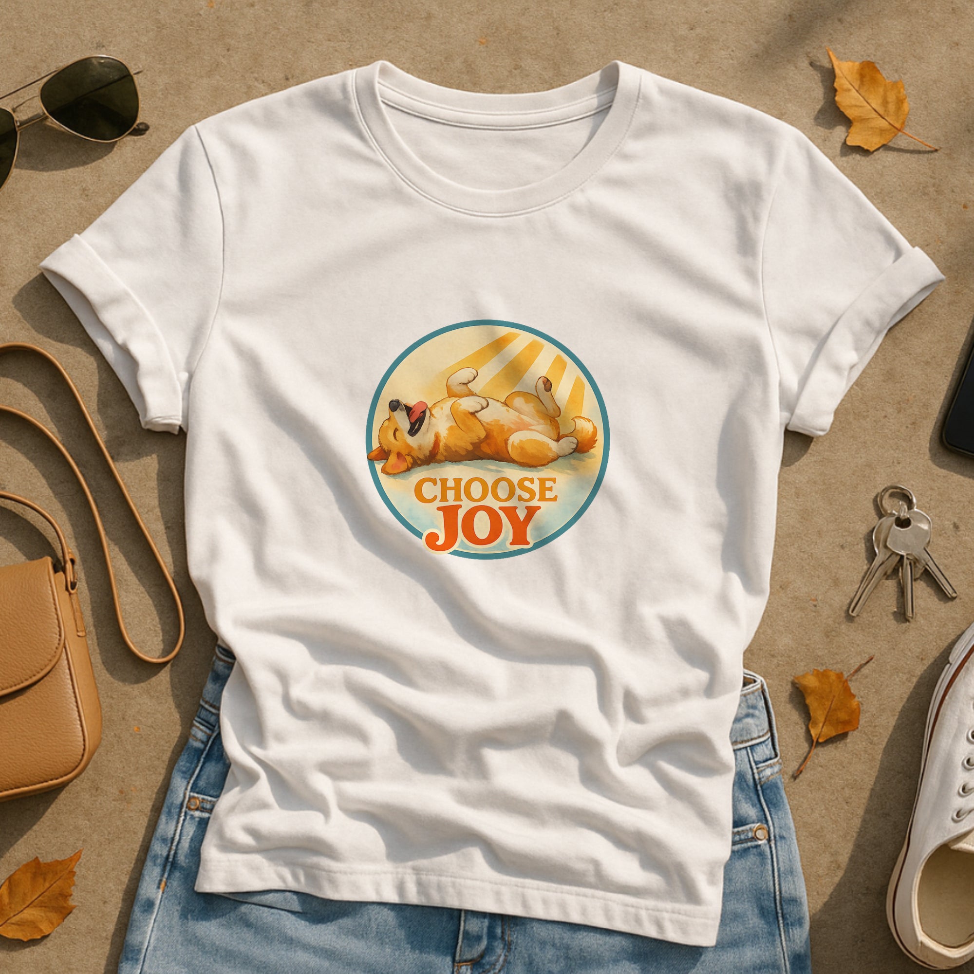 White t-shirt featuring a circular illustration of a relaxed dog lying on its back in warm sunlight with the words “Choose Joy,” styled in a flat lay with casual accessories and autumn accents